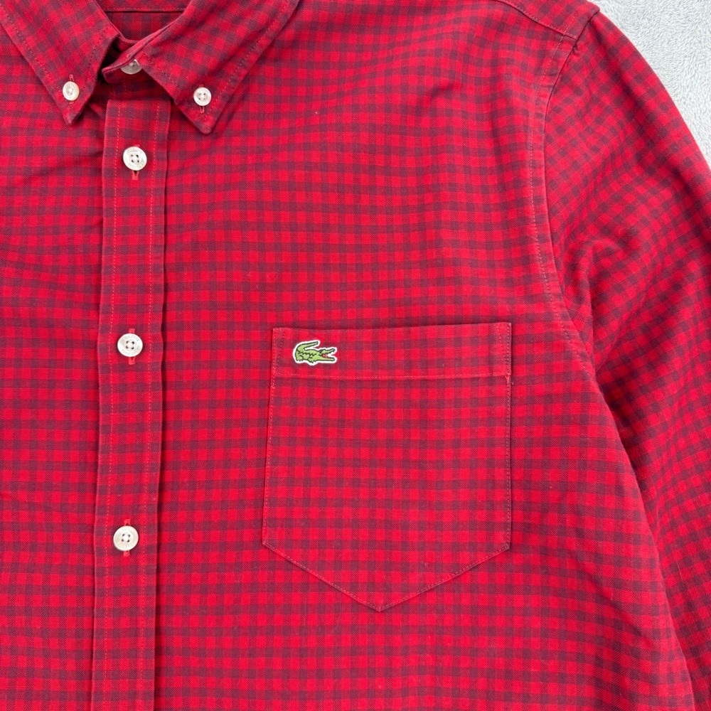 Lacoste Mens Large Regular Fit Gingham Button Down Shirt Red Navy Blue Preppy - Picture 7 of 13